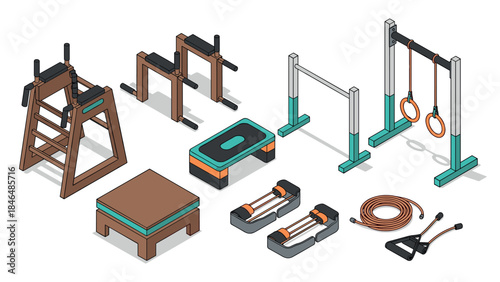 Trendy isometric gym equipment set with urban workout style elements in brown and teal