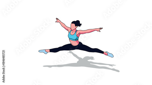 Dynamic female athlete performing impressive split leap with shadow