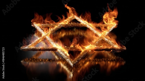 Star of david symbol burning with bright orange flames, fire representing faith, strength, judaism and spirituality