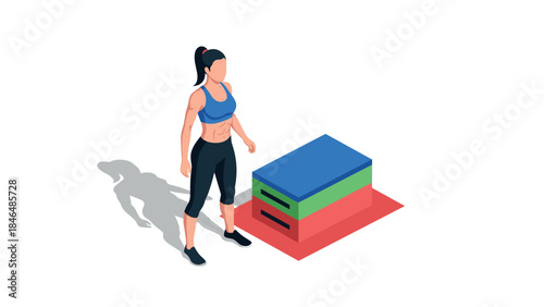 Athletic woman with plyometric box in isometric fitness training scene