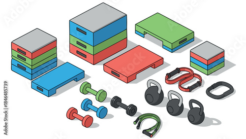 Colorful isometric gym equipment in flat design for fitness and workout inspiration