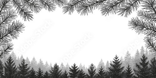 Monochrome pine forest landscape with snow covered trees and foliage