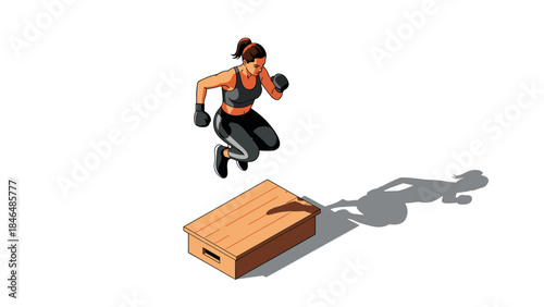Woman performing box jump in isometric style with shadow effect
