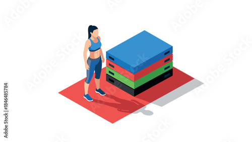 Female athlete and plyometric boxes in isometric gym setting
