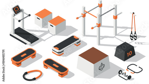 Modern isometric home gym equipment setup with treadmill and fitness accessories