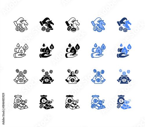 Strategy, Liquidity, Income, Wealth multiple style icon set.