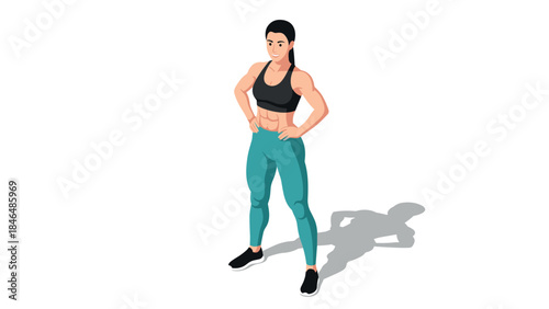 Confident woman standing in athletic wear with muscular build in isometric style