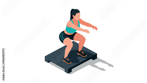 Isometric female athlete performing step exercise on platform