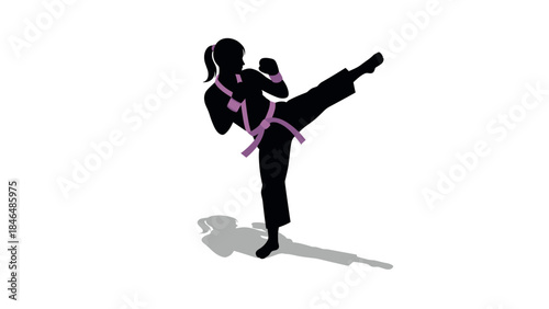 Silhouette of female martial artist with pink belt performing high kick