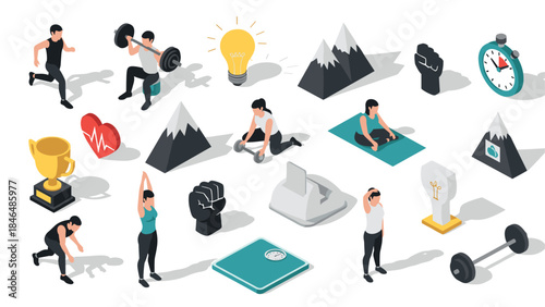 Isometric fitness and exercise icons set with trophy and mountains