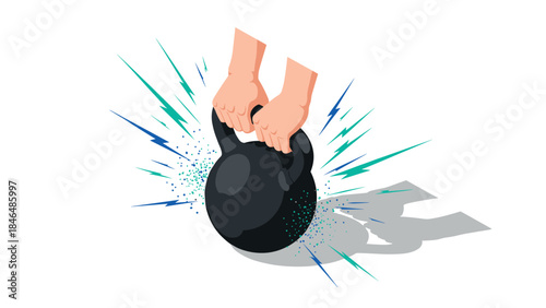 Dynamic kettlebell exercise with energy lines and hands in flat style