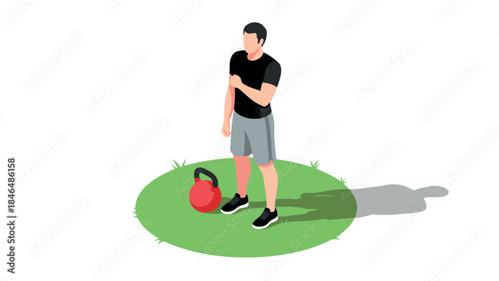 Fototapeta premium Isometric fitness man with kettlebell on grass