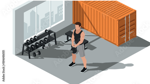 Man exercising with kettlebell in urban gym setting