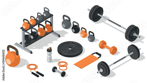 Isometric home gym equipment set with kettlebells, dumbbells, and ropes