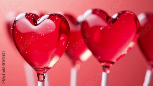 Bright Red Glossy Heart Lollipops with Bubbles on Sticks, Sweet Symbol of Love and Romance for Valentine's Day