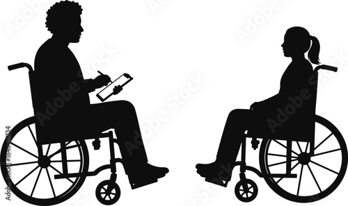 Accessible wheelchair consultation vector, two wheelchair users in consultation, medical 