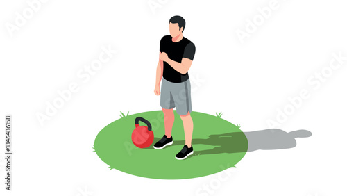 Isometric fitness man with kettlebell on grass