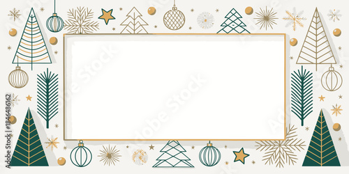 Christmas frame with green trees and gold ornaments for holiday cards