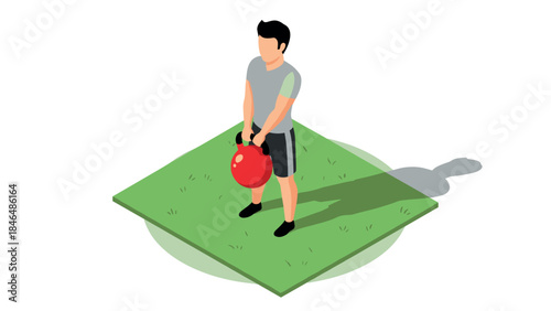 Isometric man exercising with kettlebell on grass