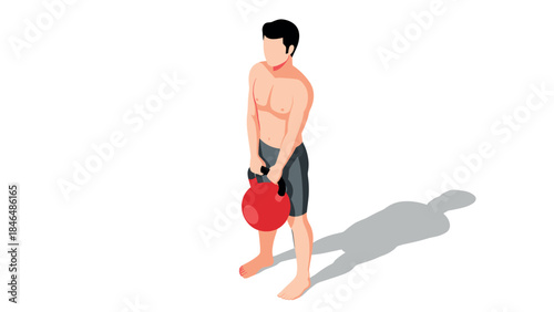 Isometric man with kettlebell in fitness workout pose on white background