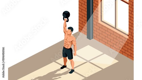 Isometric male athlete lifting kettlebell in sunlit gym space