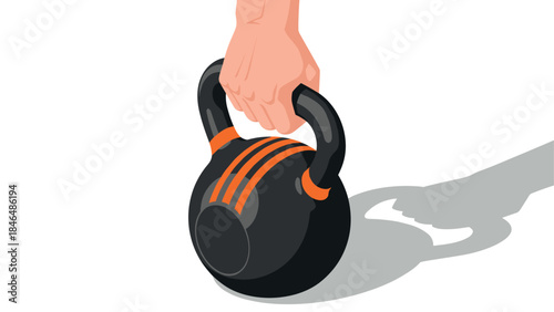 Hand holding kettlebell with shadow on white background