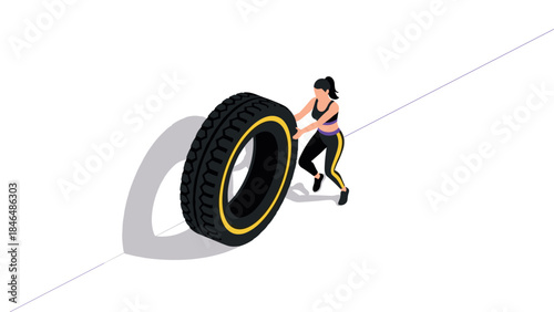Fitness enthusiast pushing large tire in isometric style