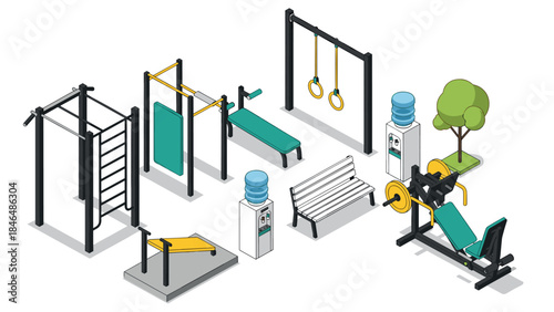 Outdoor fitness park equipment in isometric style with trees and benches