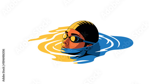 Modern dynamic portrait of swimmer in vibrant colors with abstract water effect