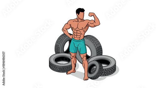 Fit male bodybuilder standing confidently among tires displaying strength