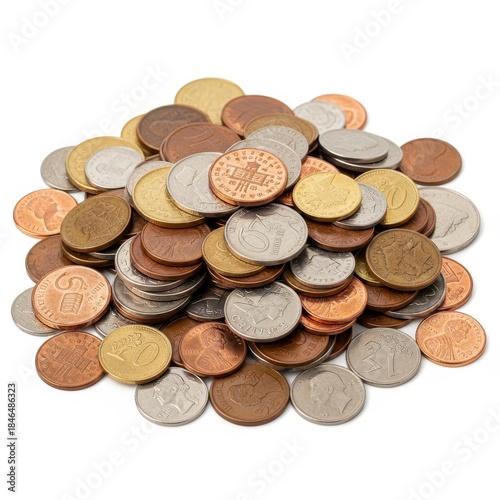 Pile of Assorted World Coins on White Background