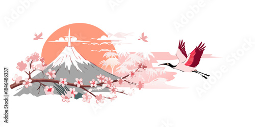 crane, peony, png, transparent, vector, illustration, pink, sunrise, japan, bird, floral, mountain, cherry, flower, flying, asian, art, decor, clipart, graphic, icon, spring, bloom, petal, nature, ori