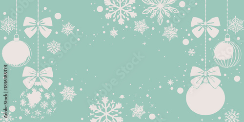 Festive Christmas ornaments and snowflakes on mint green background