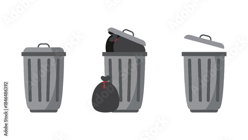 Gray trash cans in different states of use