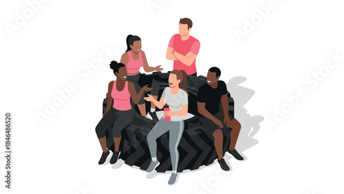 Group workout session with friends on tire in isometric style