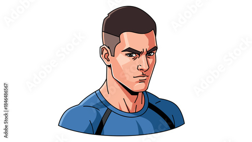 Confident male character in blue shirt with short hair and focused expression