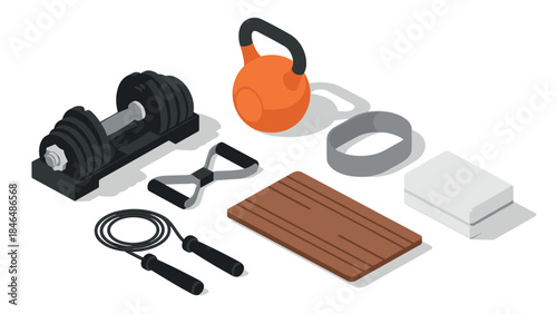 Isometric gym equipment set: weights, kettlebell, jump rope, and more