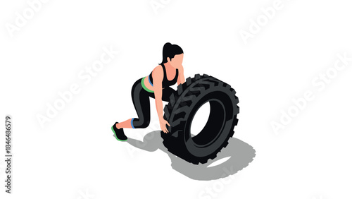 Dynamic fitness: woman performing tire flip workout in isometric design