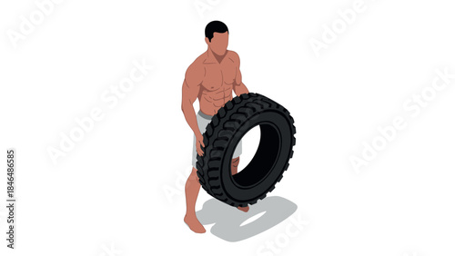 Strong man lifting heavy tire in isometric fitness graphic design