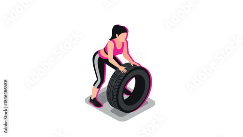 Isometric fitness: woman performing tire exercise in vibrant workout gear