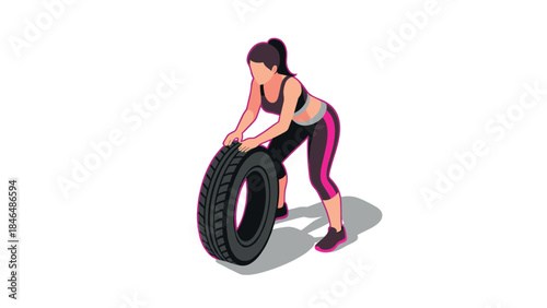 Active woman exercising with tire in dynamic workout pose with pink accents