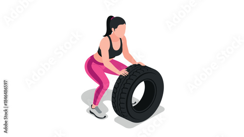 Strong woman lifting tire in isometric illustration for fitness motivation