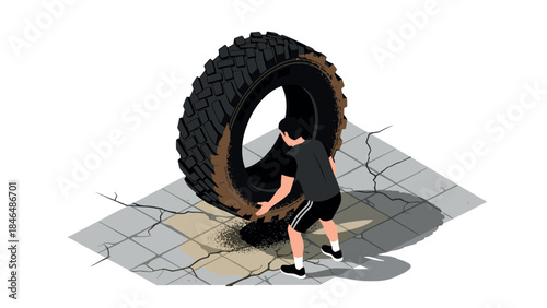 Man lifting heavy tire in fitness training exercise on cracked ground
