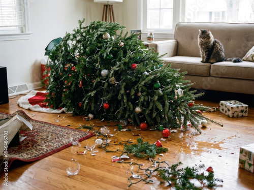 Cat sits calmly beside a toppled Christmas tree, surrounded by scattered decorations and wrapping paper in a cozy living room scene