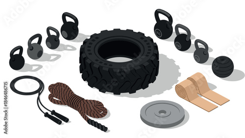 Fitness equipment set: flat style kettlebells, ropes, tires, and workout gear