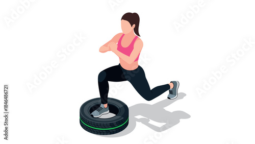 Athlete performing tire workout in minimalist isometric style