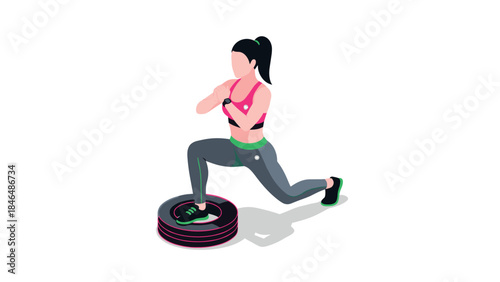 Dynamic female athlete in energetic workout pose with fitness equipment