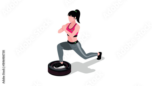 Isometric woman exercising with tire in athletic gear on white background