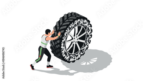 Man pushing large tire in athletic training exercise concept