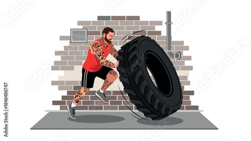 Fitness enthusiast lifting tire in urban gym setting